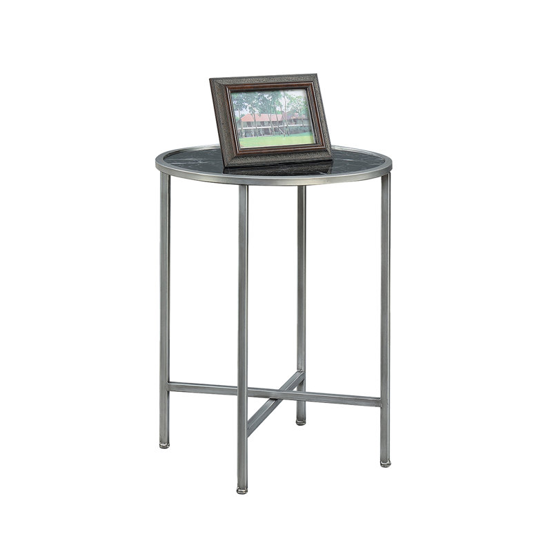 Benvolio Round End Table with Metal Frame, Black Marble/Silver Frame