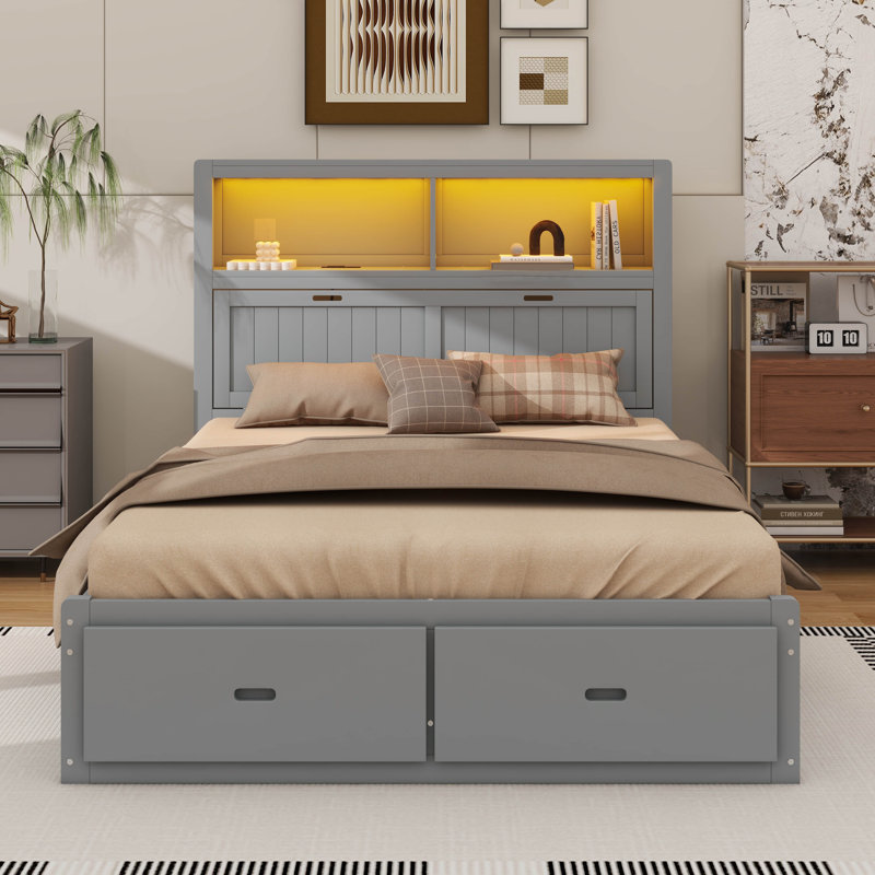 Lit plateforme relevable en bois avec station de charge de tête de lit à DEL avec rangement et deux tiroirs, Grey, Grand lit