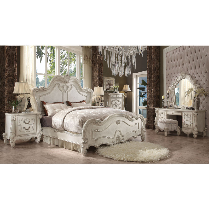 Versailles Queen Bone White Wood Panel Bed with Drawers