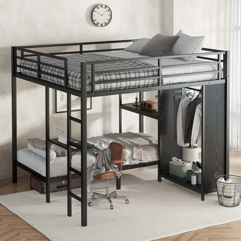 Structure de lit superposé avec garde-robe intégrée, lit superposé en métal avec bureau pliable