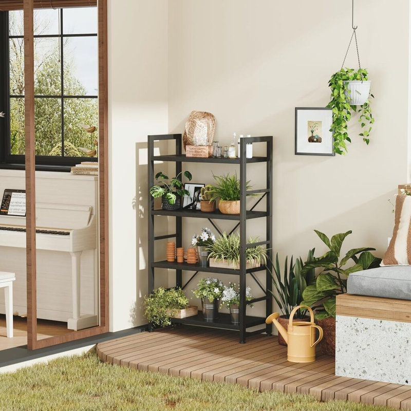 Industrial Bookshelf, 4-Tier Shelving Unit Wood Bookcase with Open Shelves, Standing Bookshelves