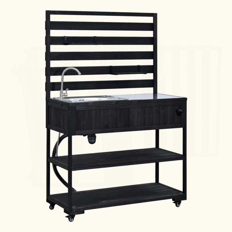 Kitchen Island Solid Wood Kitchen Cart With Sink, Garden Potting Bench With Stainless Table Top, 2 Movable Shelves And 1 Bottle Opener