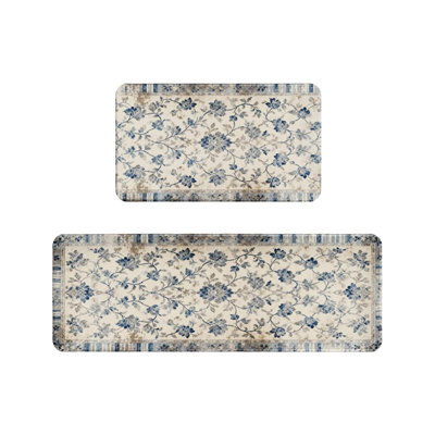 Blue Beige Floral Kitchen Mats, 2 Pack Vintage Home Decor Rugs For Kitchen & Living Area
