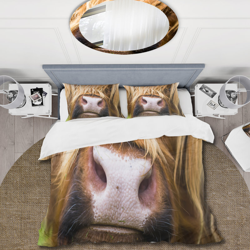 Gros plan sur les bovins Highland en Écosse - Ensemble de housse de couette Farmhouse - Polyester en microfibre