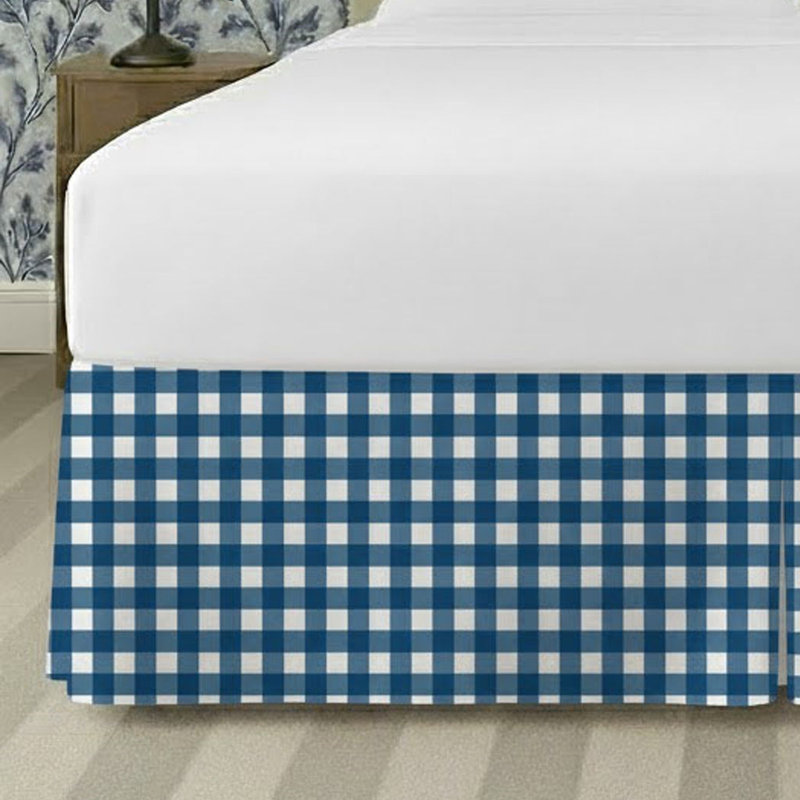 Gingham Pattern Tailored Bed Skirt 15" Drop Length, King, Navy Blue