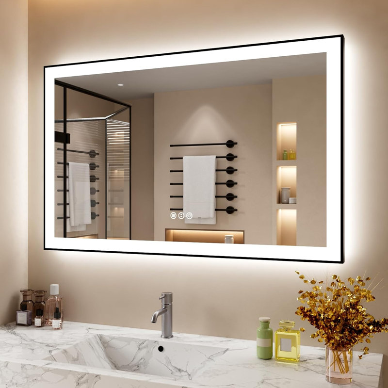 LED Bathroom Mirror With Black Frame, Backlit And Front Lighted Bathroom Mirrors For Wall, 30" x 48"