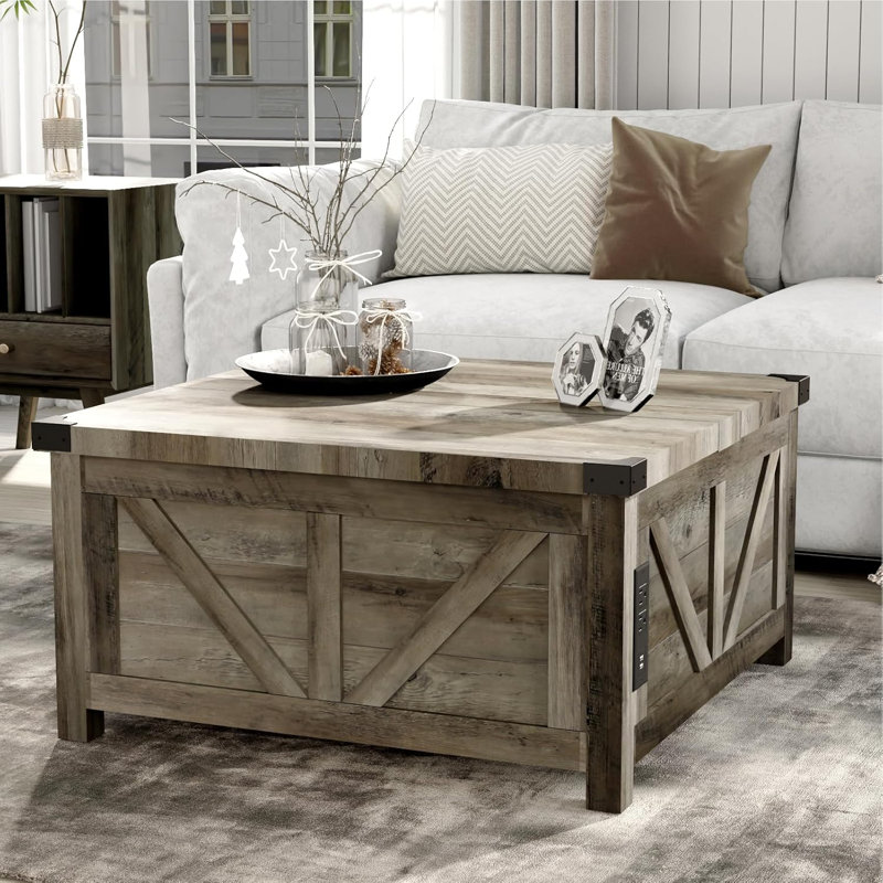 Farmhouse Lift Top Coffee Table With Storage, Wood Square Center Table With Charging Station&USB Ports, Living Room Central Table W/Large Hidden Space, For Living Room, Bedroom, Home Office