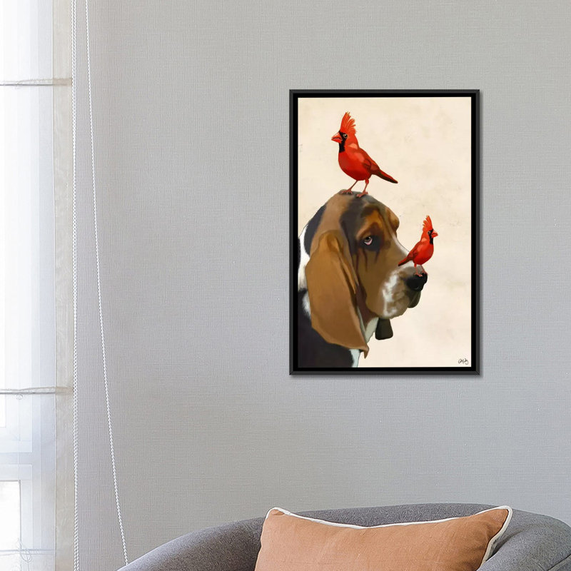 Fab Funky «Basset hound and Birds», reproduction sur toile tendue, H 26 po x l 18 po x P 1,5 po, Toile avec cadre noir
