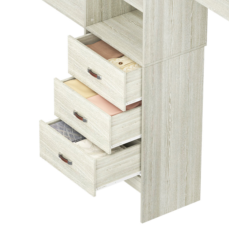 Abbigael 20.2''-  96‘’ W Closet System with 3 Wooden Drawers and 3 Shelving Towers, White/Oak