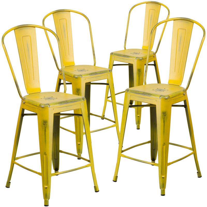 Commercial Grade Distressed Metal Indoor-Outdoor Counter Height Stool with Back, Yellow, Counter Stool (24" Seat Height)