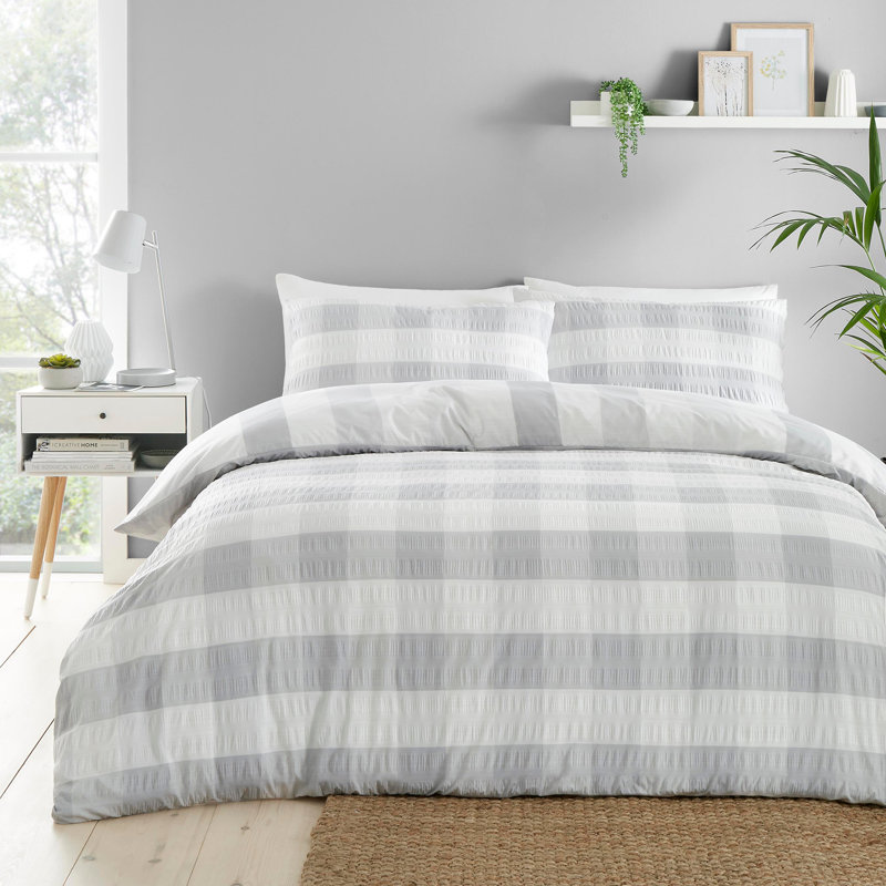 Seersucker Gingham Polyester Chequered Duvet Cover Set with Pillowcases Included, King - 2 Standard Pillowcase, Silver