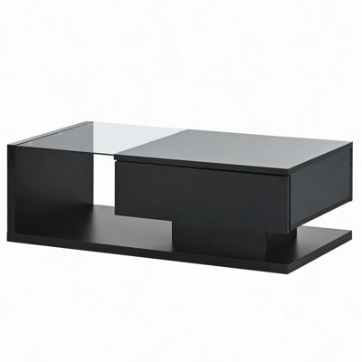 Coffee Table With Tempered Glass, Wooden Cocktail Table With High-Gloss UV Surface, Modernist 2-Tier Rectangle Center Table For Living Room