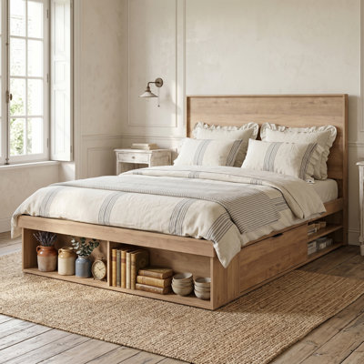 Farmhouse Full Storage Platform Bed Frame with Drop-Down Side Cabinets & Open Cubbies, 45" Wood-Grain Headboard, No Box Spring Needed, Pale Oak