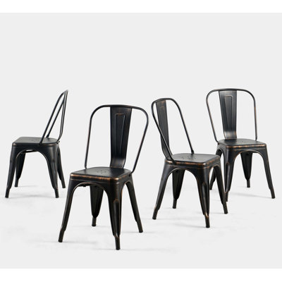 Ensemble de 4 chaises de salle à manger vintage en métal noir onyx, chaises empilables en acier noir vintage d'une capacité de 150 kg pour les salles à manger de style campagnard, les restaurants, les cafés et les patios couverts.