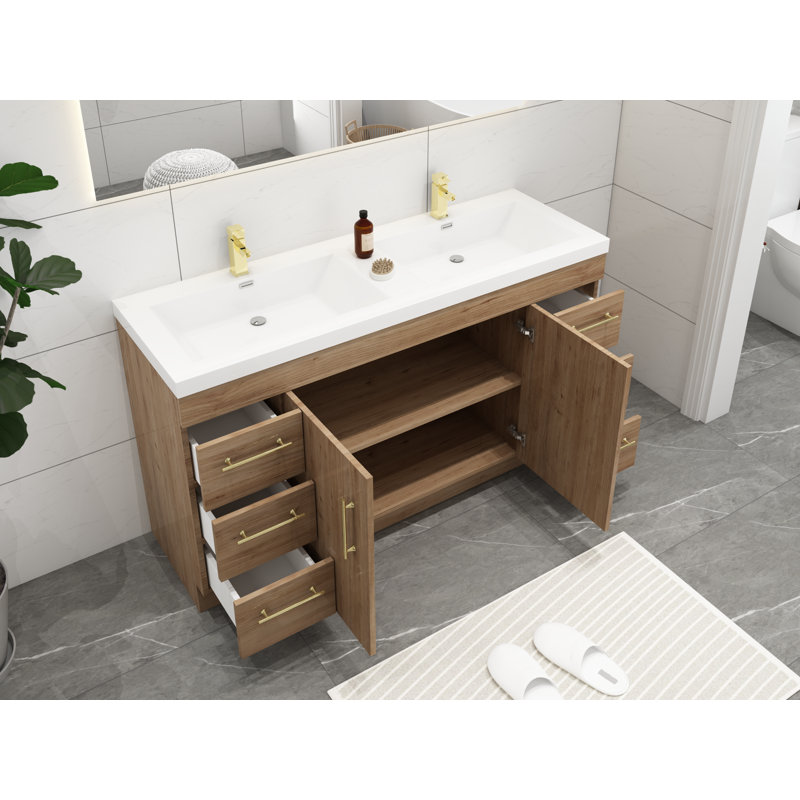 Ensemble de meuble-lavabo double 60 po Carliss, Naturel / chêne, Or