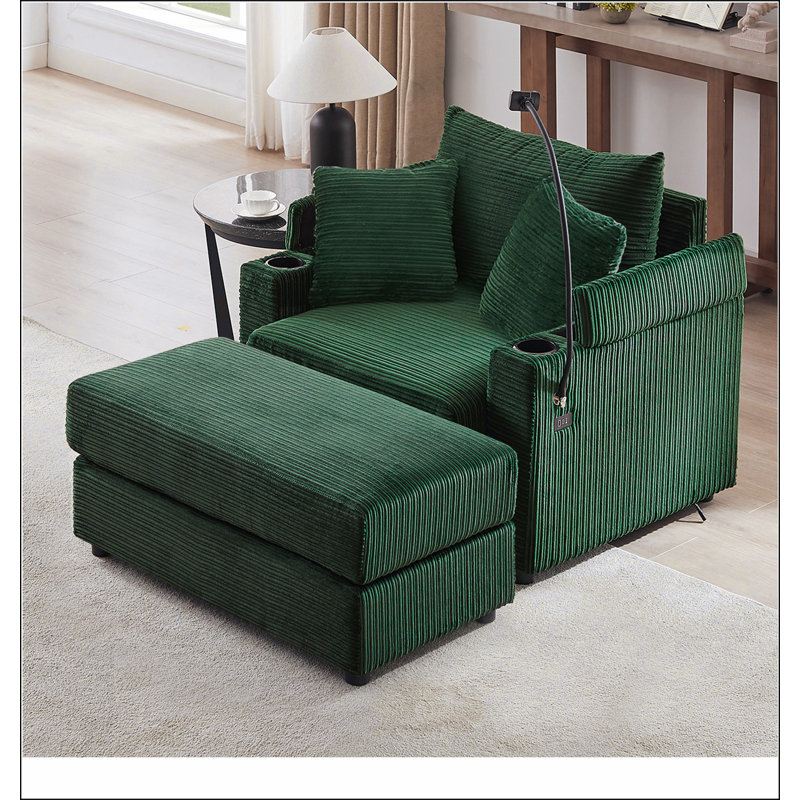 41.7" Modern Style Single Sofa Sofa Couch with Storage Space, A Movable Ottoman, Two USB Ports, Two Cup Holders, A Phone Holder for Living Room(Old SKU:N719S001611F), Green