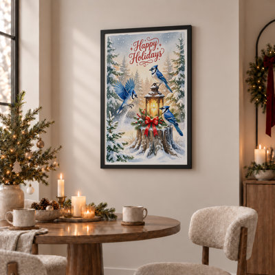 Art mural sur toile, "Blue Jays Lantern and Red Bow In Snowy Winter Christmas"