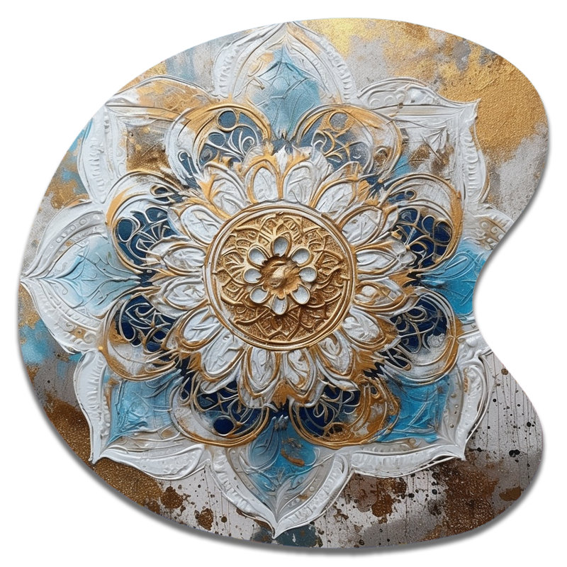 Bleu et or Mandala I - Boho Mandala, art mural en métal de forme unique, impression asymétrique bleue, H 27 po x l 27 po