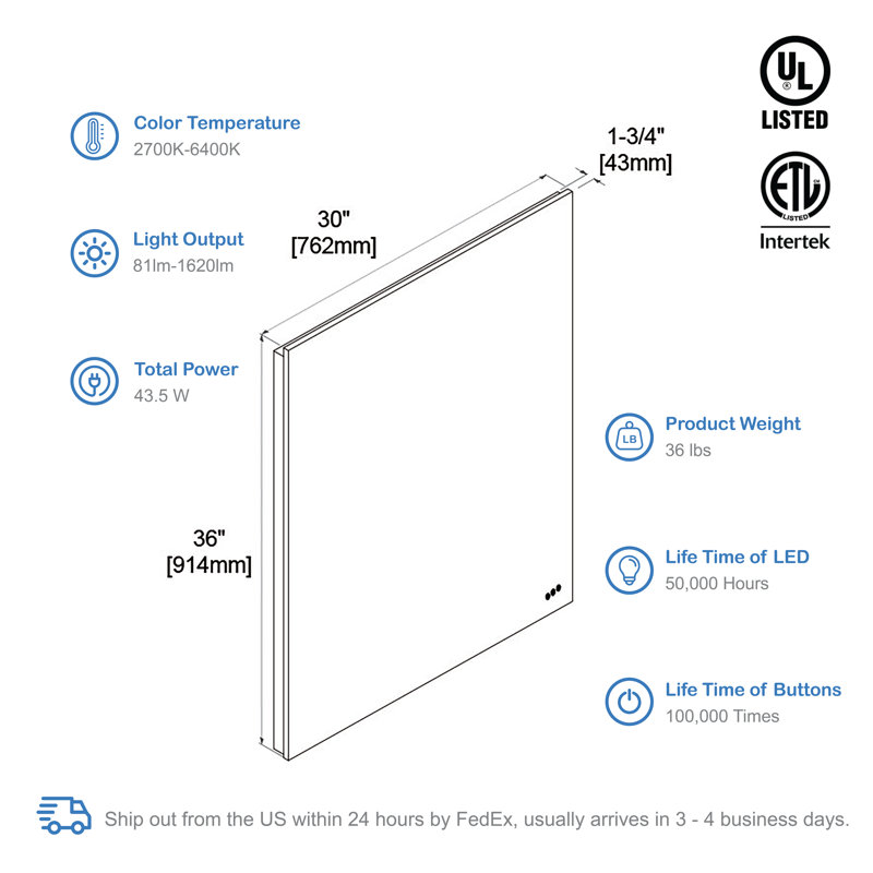 Ibanez Wall-Mounted LED Bathroom Vanity Mirror with Dimmable Lights, Defogger & Adjustable Colour Temperature – Modern Waterproof Design