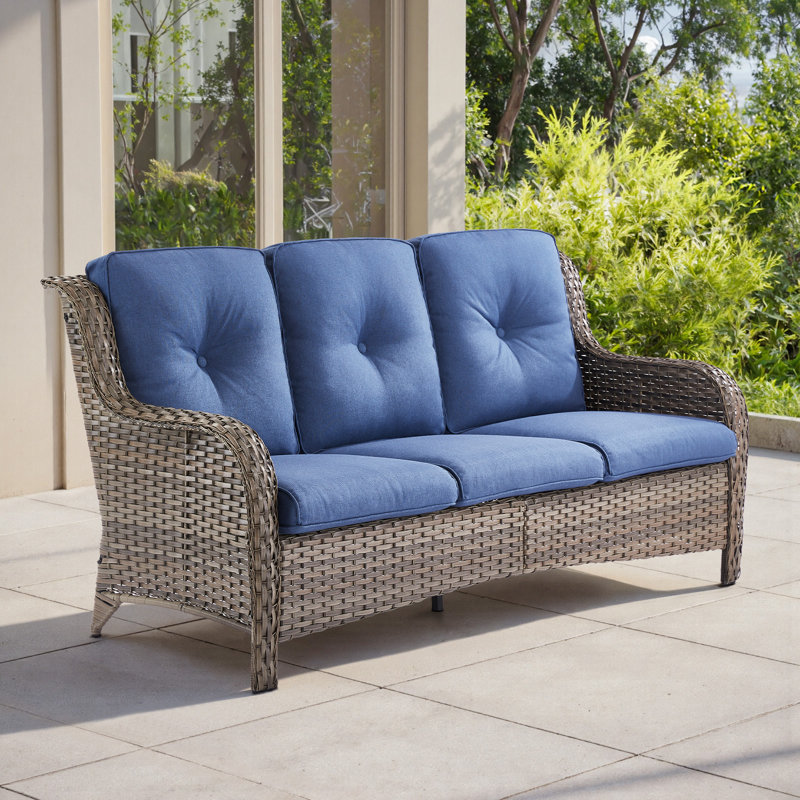 Schutt 72'' Wide Provence Style Wicker Outdoor Patio Sofa With Cushions, Blue, Gray