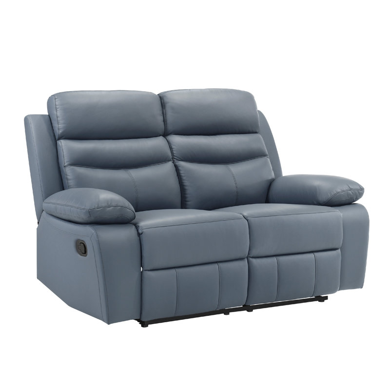 Causeuse inclinable double Hanna, cuir brun latte, USB, 64 pouces, Manuel - Bouton-poussoir, Bleu