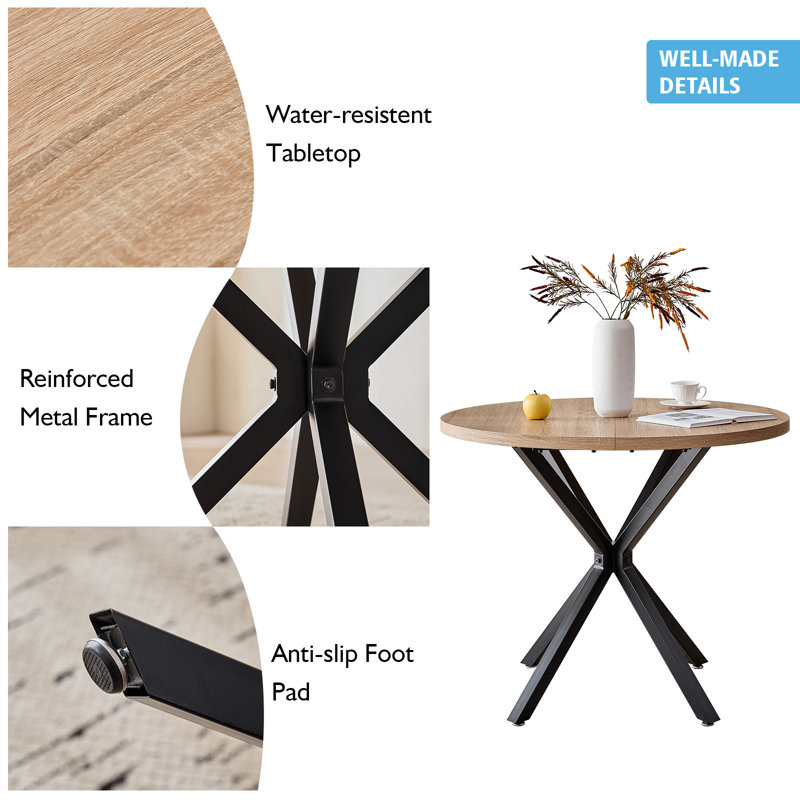 39" Round Dining Table Set for 4, Mid Century Modern Natural Kitchen Table with 4 Upholstered Khaki Chairs for Apartment Space Saving