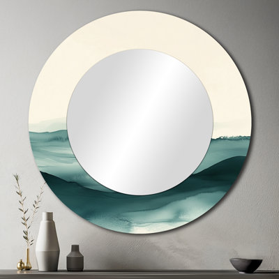 Miroir mural rond en bois Watercolor Mountain Calming Wood - Green Rustic, imprimé sur métal