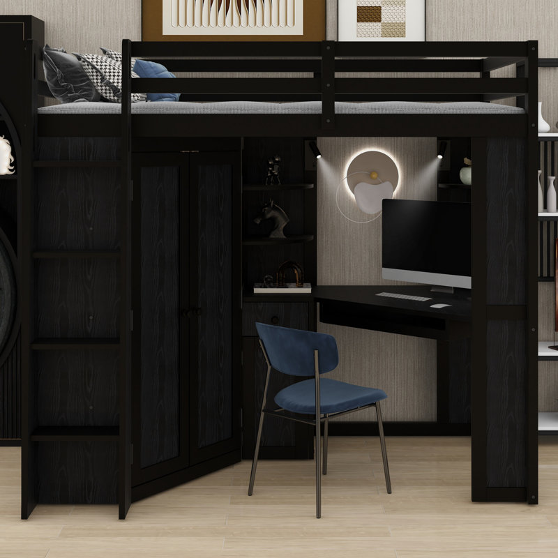 Space Saving Loft Bed with Large Wardrobe, Desk, Black
