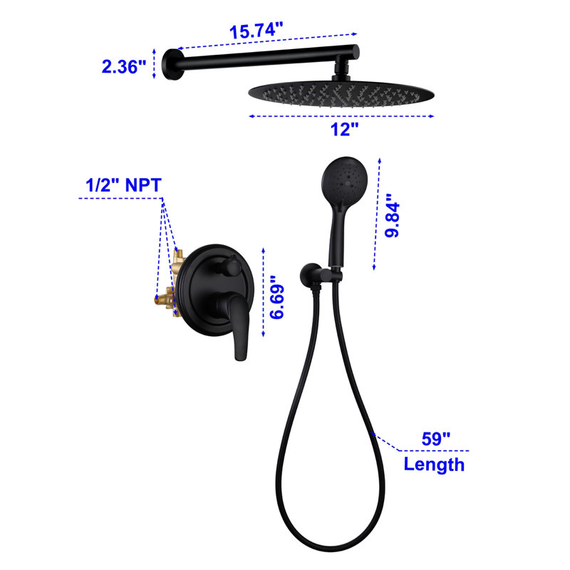 Système de douche complet avec valve brute, Noir