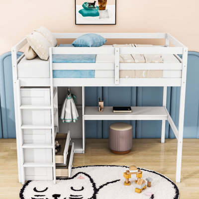 Lit mezzanine double avec garde-robe intégrée, bureau, tablettes de rangement et tiroirs
