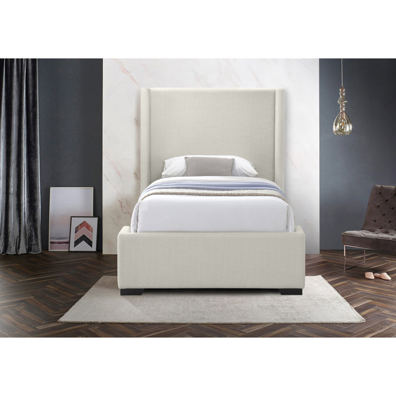 Oxford Tachani Upholstered Platform Bed, Twin, Beige Linen Textured Fabric