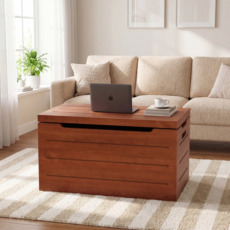 30" Large Bamboo Storage Box with Lid, Free-Stop Hinge & Cutout Handles