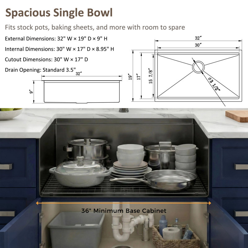 Évier de cuisine 32 "encastrable 32 pouces, avec cuve simple en acier inoxydable noir avec accessoires