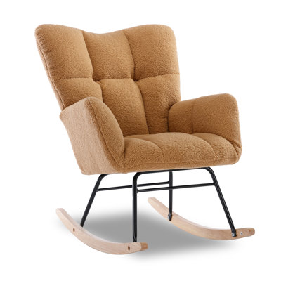 Teddy Fabric Rocking Glider Chair in Khaki with Tufted Back and Eucalyptus Frame