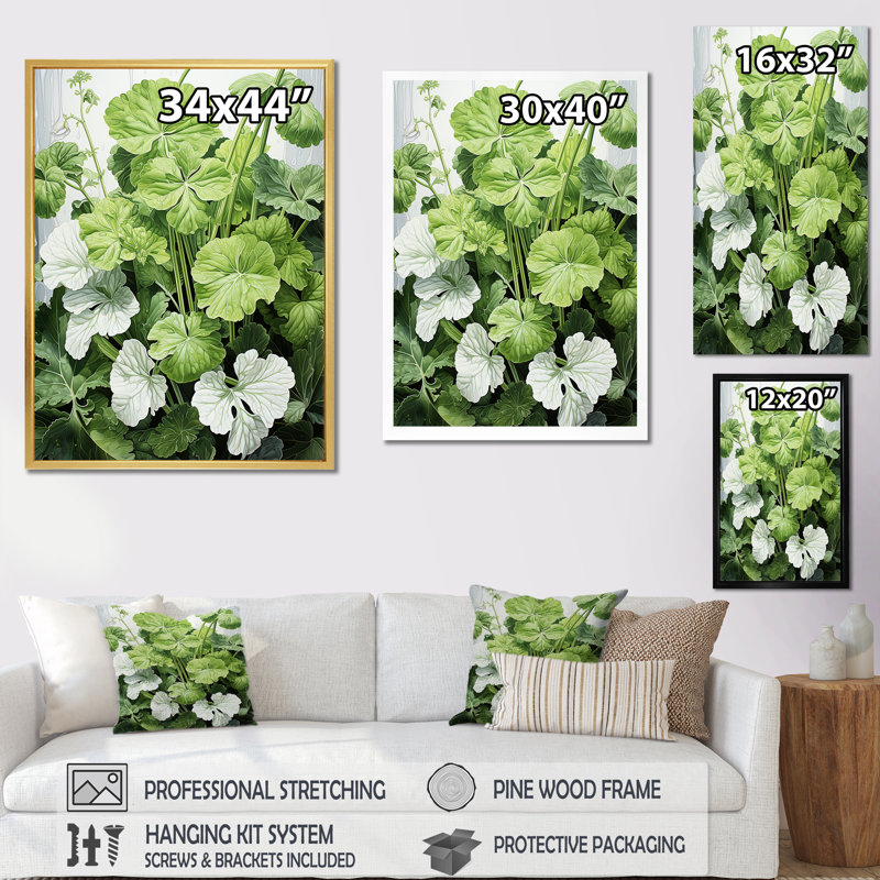 «Minimalisme blanc et vert géraniums I» sur toile, Cadre doré simple, H 32 po x l 16 po x P 1 po