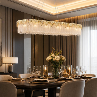 Grand lustre rectangulaire en verre doré 47,2 po 14 lumières (ampoules incluses)