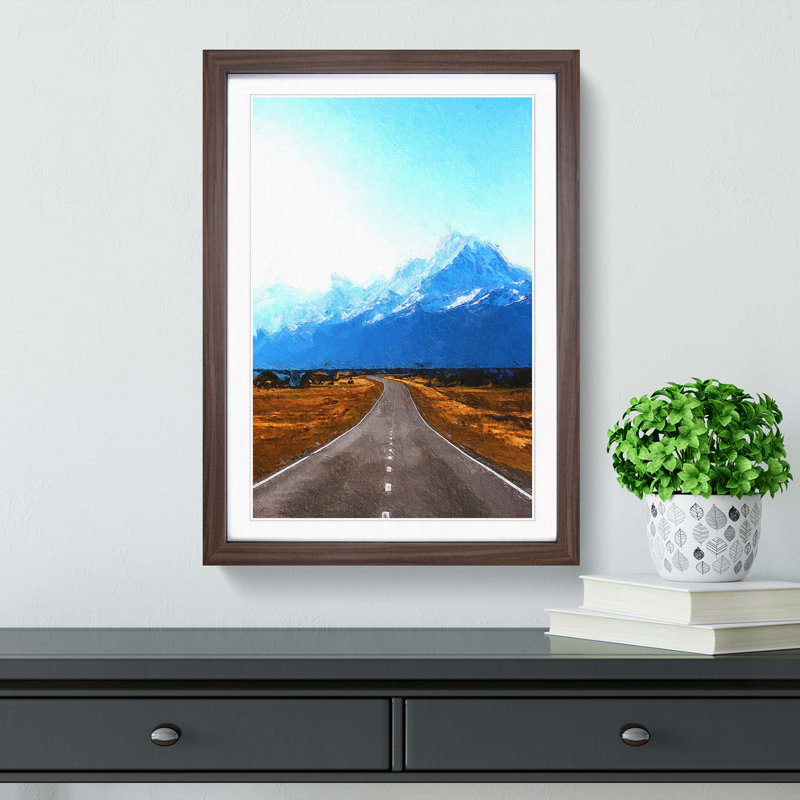 Road to Mount Cook in New Zealand - Picture Frame Painting Print, 48cm H x 36cm W x 2cm D, Walnut Framed