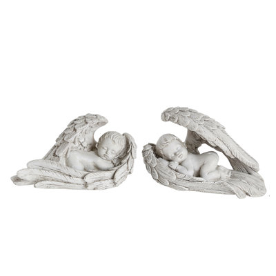 2 Piece Weathered Gray Peaceful Sleeping Cherub Angels Inside Wings Outdoor Garden Statues 6" Set