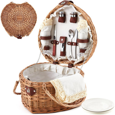 Panier de pique-nique en forme de cœur avec vaisselle pour 2 personnes, panier de pique-nique en osier, cadeau de couple pour le camping, fête de mariage, anniversaire, extérieur, blanc antique