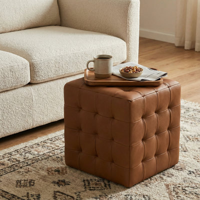 Phabian Tufted Cube Ottoman in 100% Genuine Leather, saddle brown