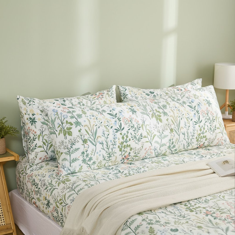 Body Pillowcase 100% Cotton Pillow case, 1-Piece Fresh Green Botanical Bloom Pillow Cover, Smooth Cooling Envelope Closure Pillow Case Set (Body, 20"x54")