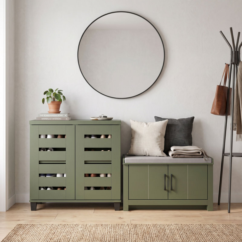 2 Piece Shoe Storage Bench and Shoe Cabinet Hallway Set, Beige/White