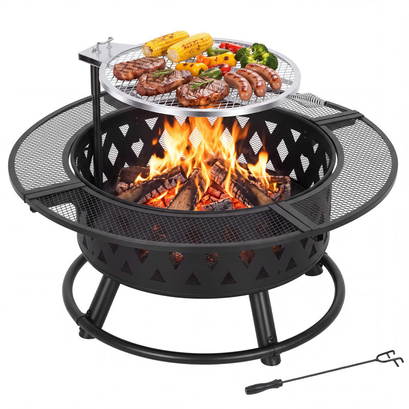 Foyer extérieur 3 en 1 de 99 cm (39 pouces) en acier, avec grille de cuisson rotative à 360° et hauteur réglable, et plateau latéral en maille pour terrasse, jardin ou cour. Noir.