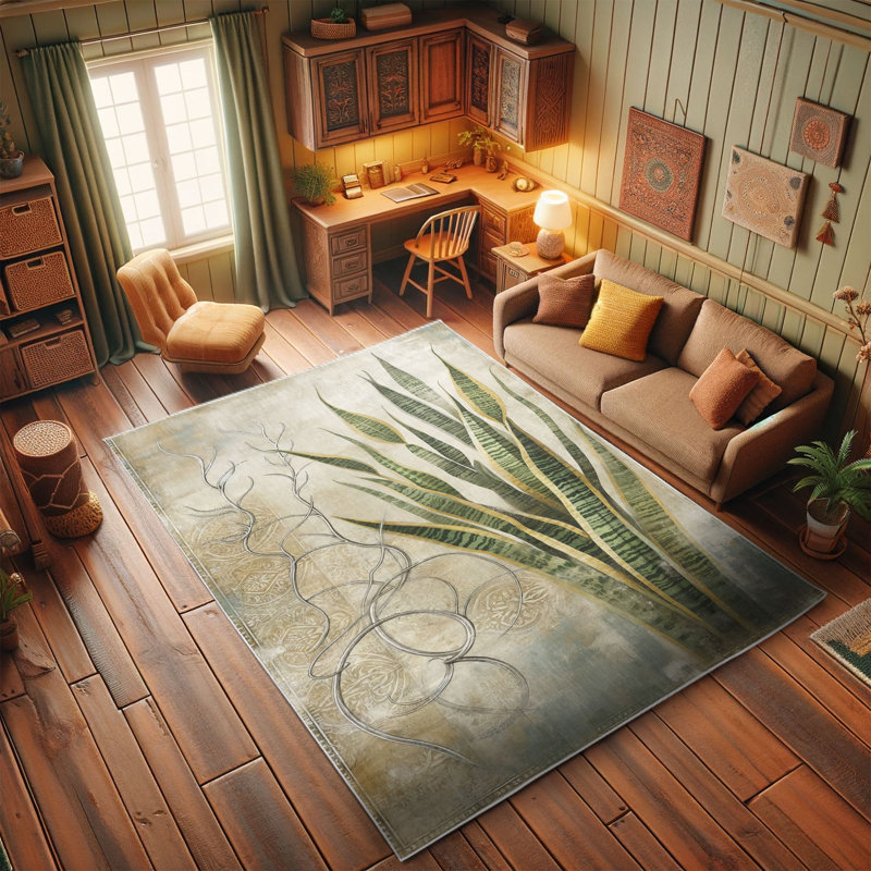 Botanical Green Beige Synthetic Easy Care Area Rug 2' 5" x 5'