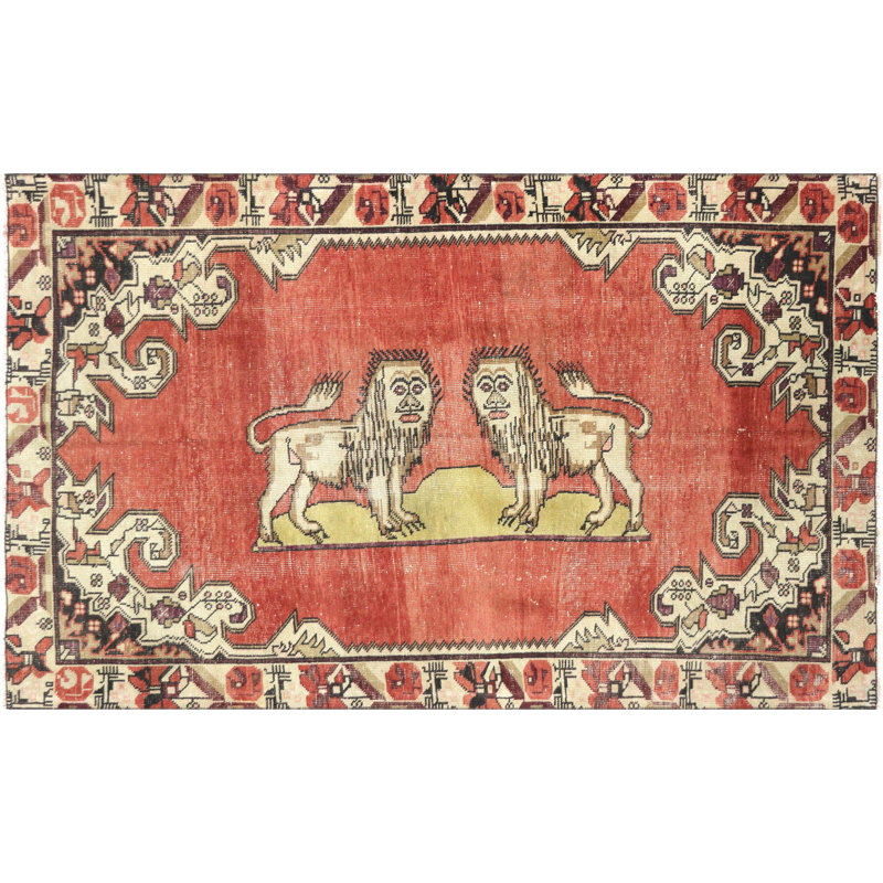 Tapis unique noué à la main des années 1960 de 4 pi 3 po x 6 pi 10 po rouge / beige / noir