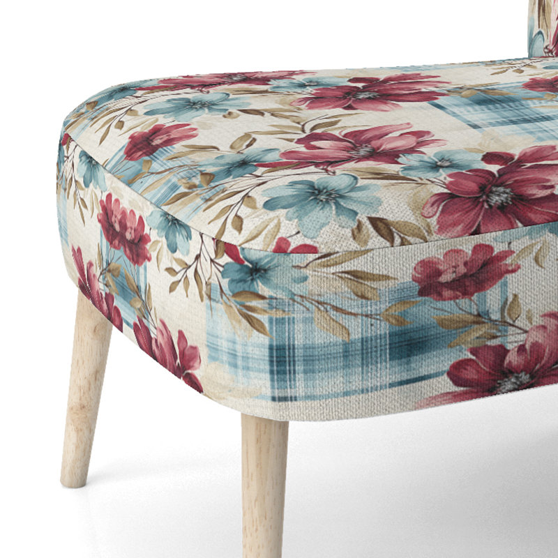 Motif de fleurs bohémiennes à motif écossais rose et bleu - Chaise d'appoint rembourrée de style campagnard