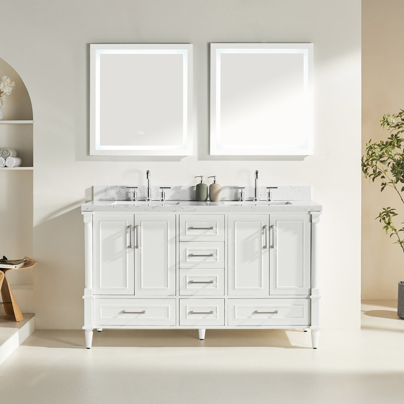 Meuble-lavabo double de 60 po entièrement assemblé avec cadre en bois massif blanc, plateau en marbre d'ingénierie et charnières à fermeture en douceur, avec armoire et système, deux poignées de couleur différente