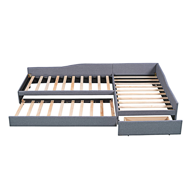 Upholstered Double Daybed with Trundle and Drawer, Gray