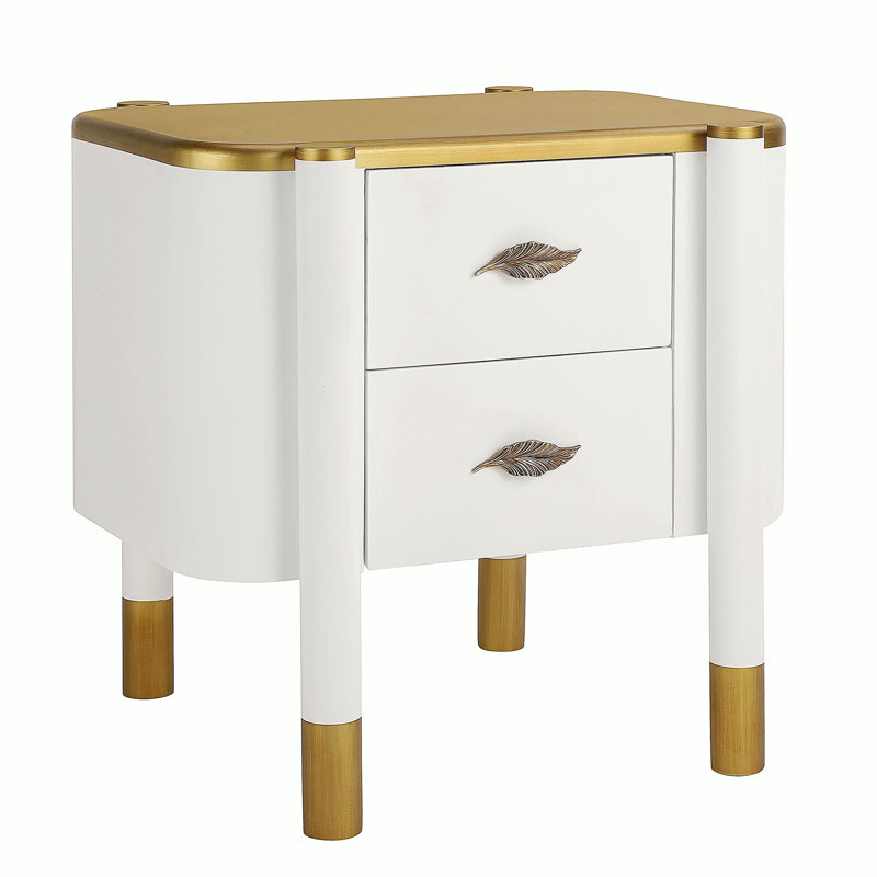Table de chevet 2 tiroirs avec profil incurvé, table de chevet avec poignées en métal en forme de plumes et pieds exposés, table de bout