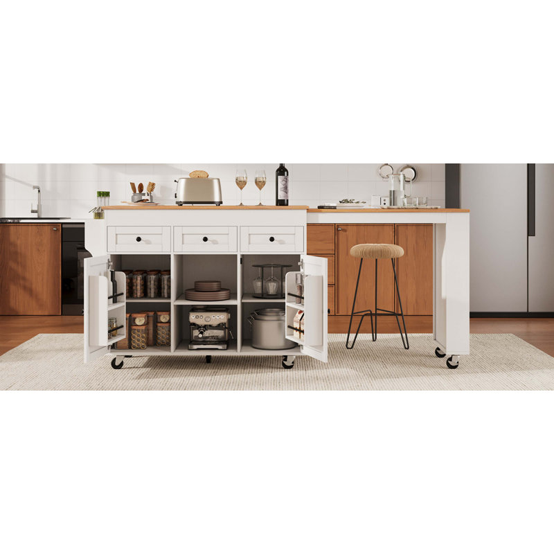 85.5" Kitchen Island With Extendable Dining Table, Kitchen Storage Table With 3 Side Open Shelves, Rolling Kitchen Island With Power Outlet, 3 Drawers, 2 Doors, For Kitchen, Dining Room